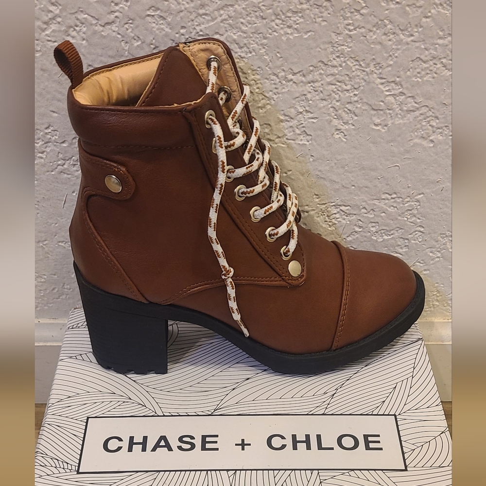 New With Tags (NWT). Chase + Chloe Cognac Chunky Heel Combat Boots. Size 5.5
